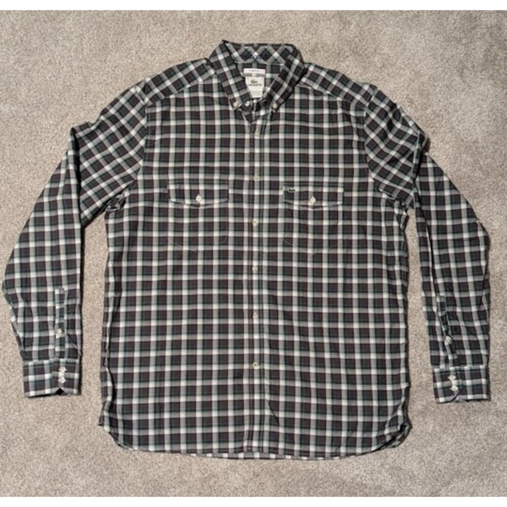 Lacoste Mens Grey and Green Plaid Modern Fit Long Sleeve button down shirt Sz 44